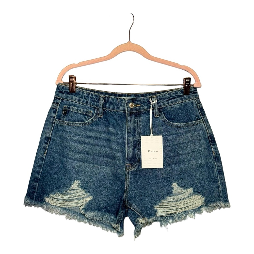 KanCan Dark Blue Distressed High-Rise Denim Shorts